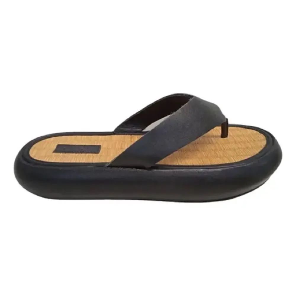 St. Agni Tatami Black Leather Raffia Platform Sandals - Picture 3 of 6